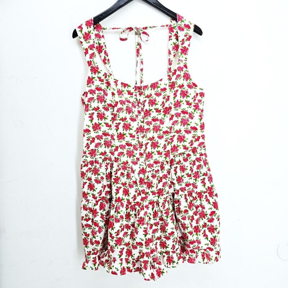 Women's Red Ditsy Floral Sweetheart Neckline Bubble Romper